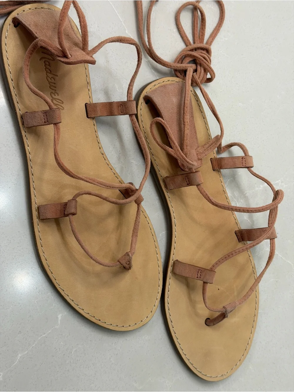 Madewell The Boardwalk Lace-Up Gladiator Sandals Pink/Tan Leather Flat Boho, 8.5